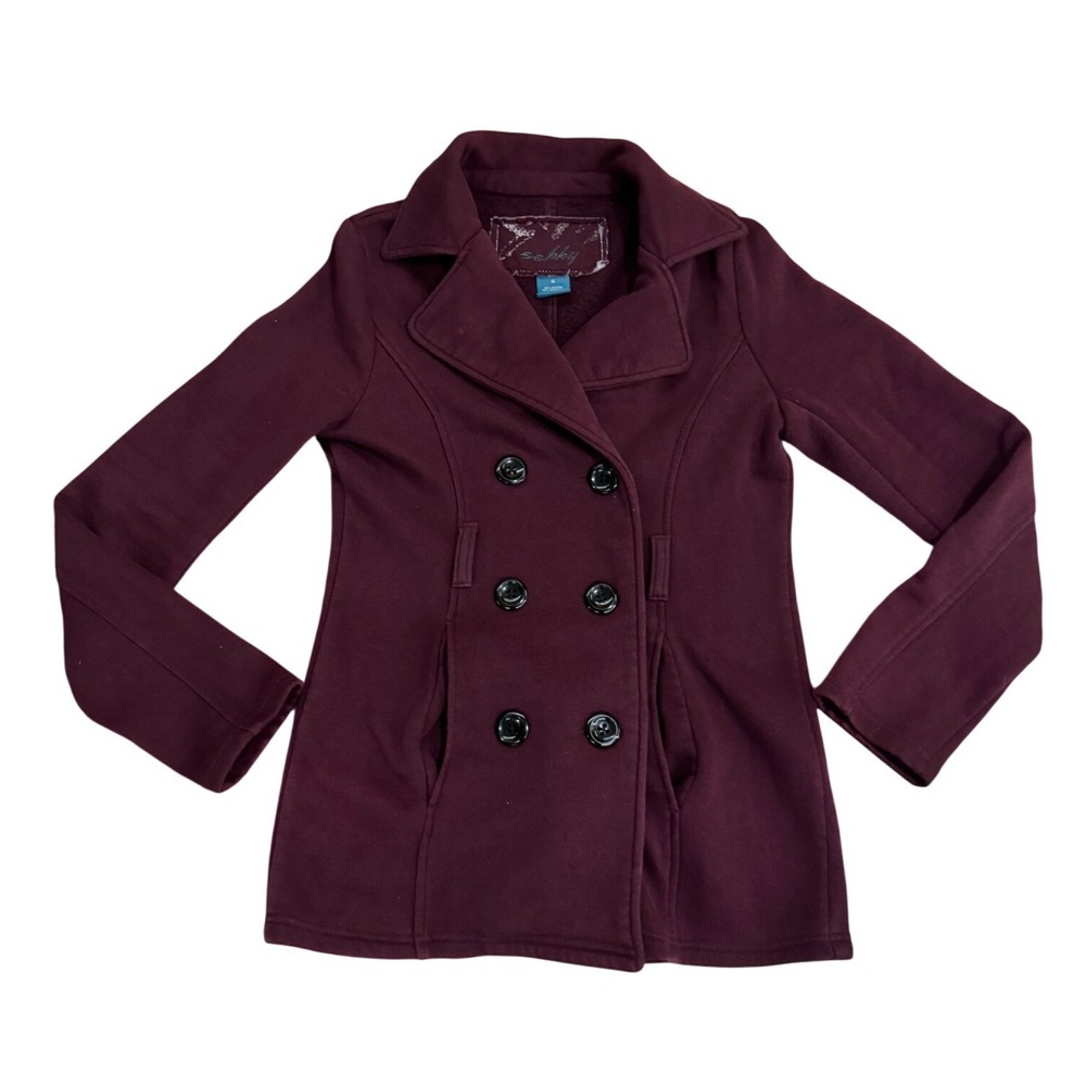 Sebby Burgundy Peacoat Jacket Womens Small Double Breasted Coat No Belt